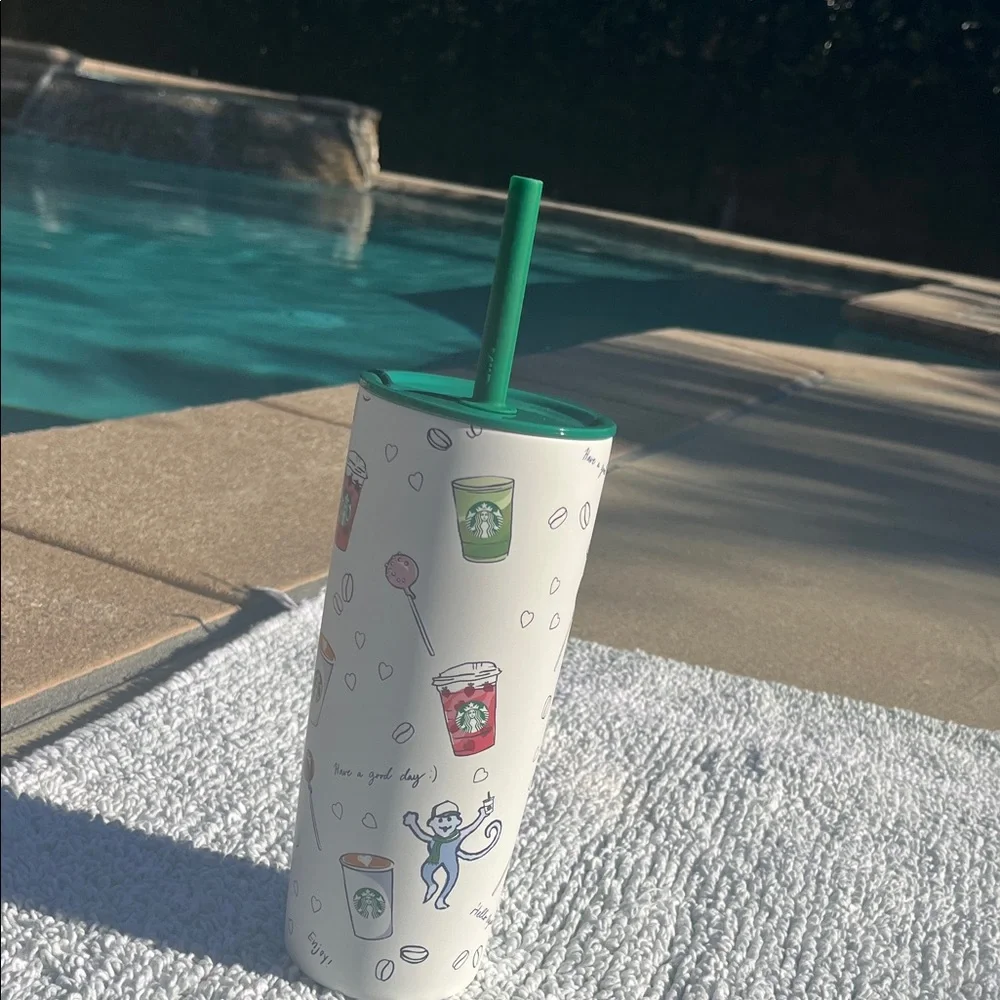 Starbucks Playful White Tumbler with Green Lid - Picture 3 of 6